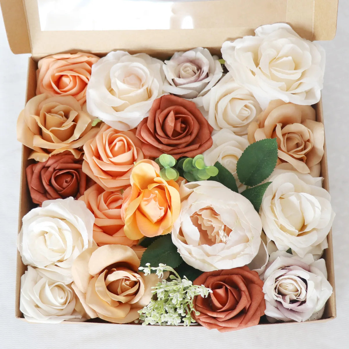 Yannew Burnt Orange Artificial Roses Combo Box - 24pcs Real Touch Silk Flowers for DIY Fall Wedding Bouquets, Boho Home Decor, Table Centerpieces & Seasonal Arrangements