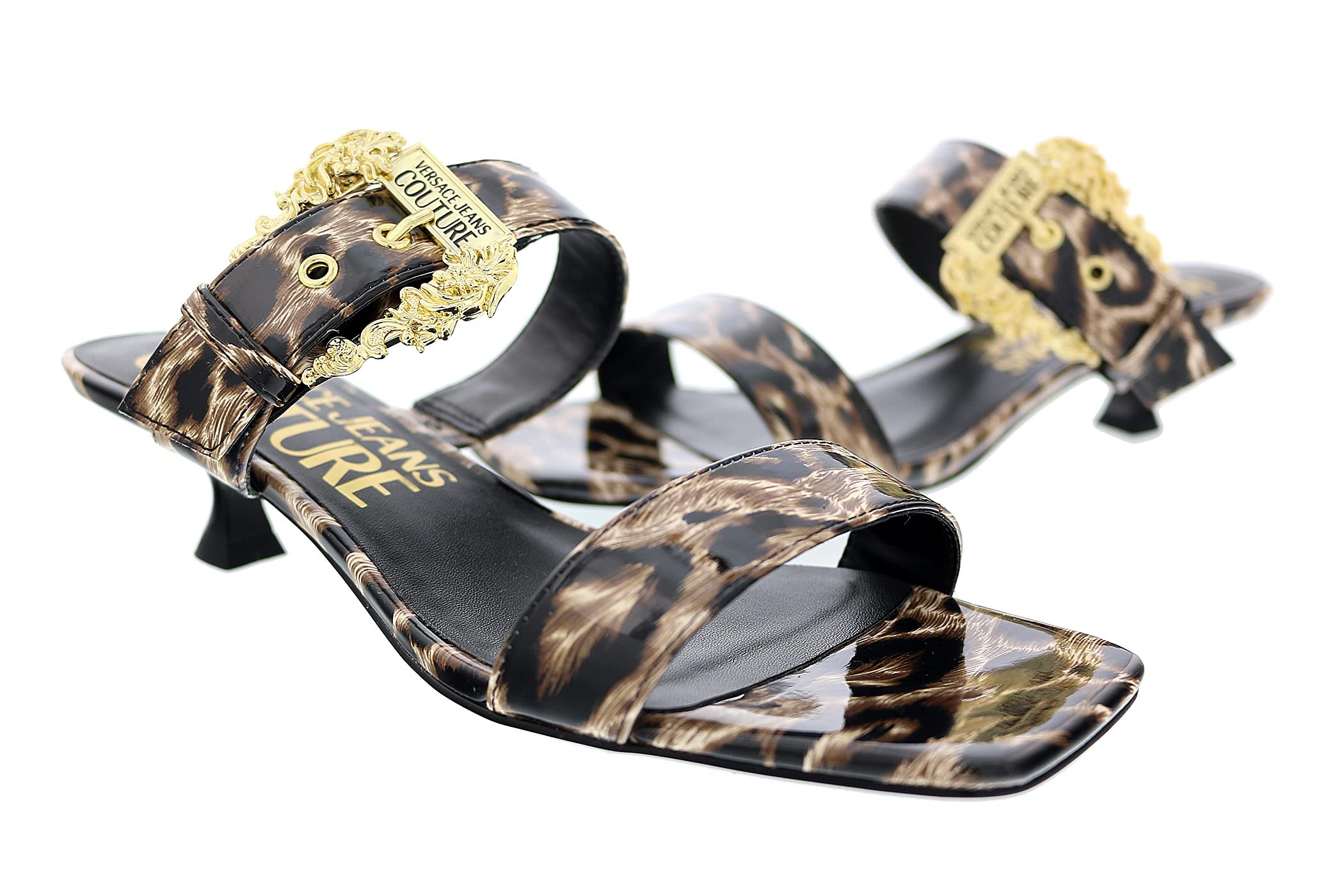 Versace Jeans Couture Women's Beige & Black Baroque Print Kitten Heel Mule Sandals - Perfect for Date Nights & Summer Parties