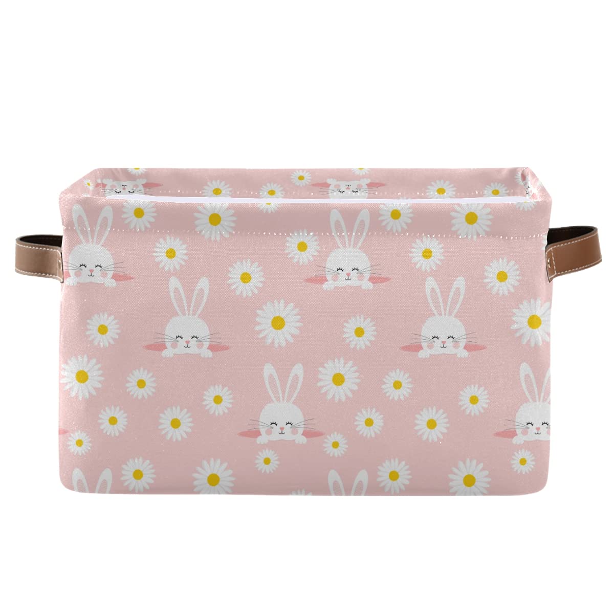 Collapsible Pink Rectangle Storage Basket with Daisy Garden & Rabbits Design - Waterproof Organizer Bin for Nursery Toys, Books, Closet Shelves & Bedroom Decor | Perfect for Kids' Room, Playroom & Home Organization