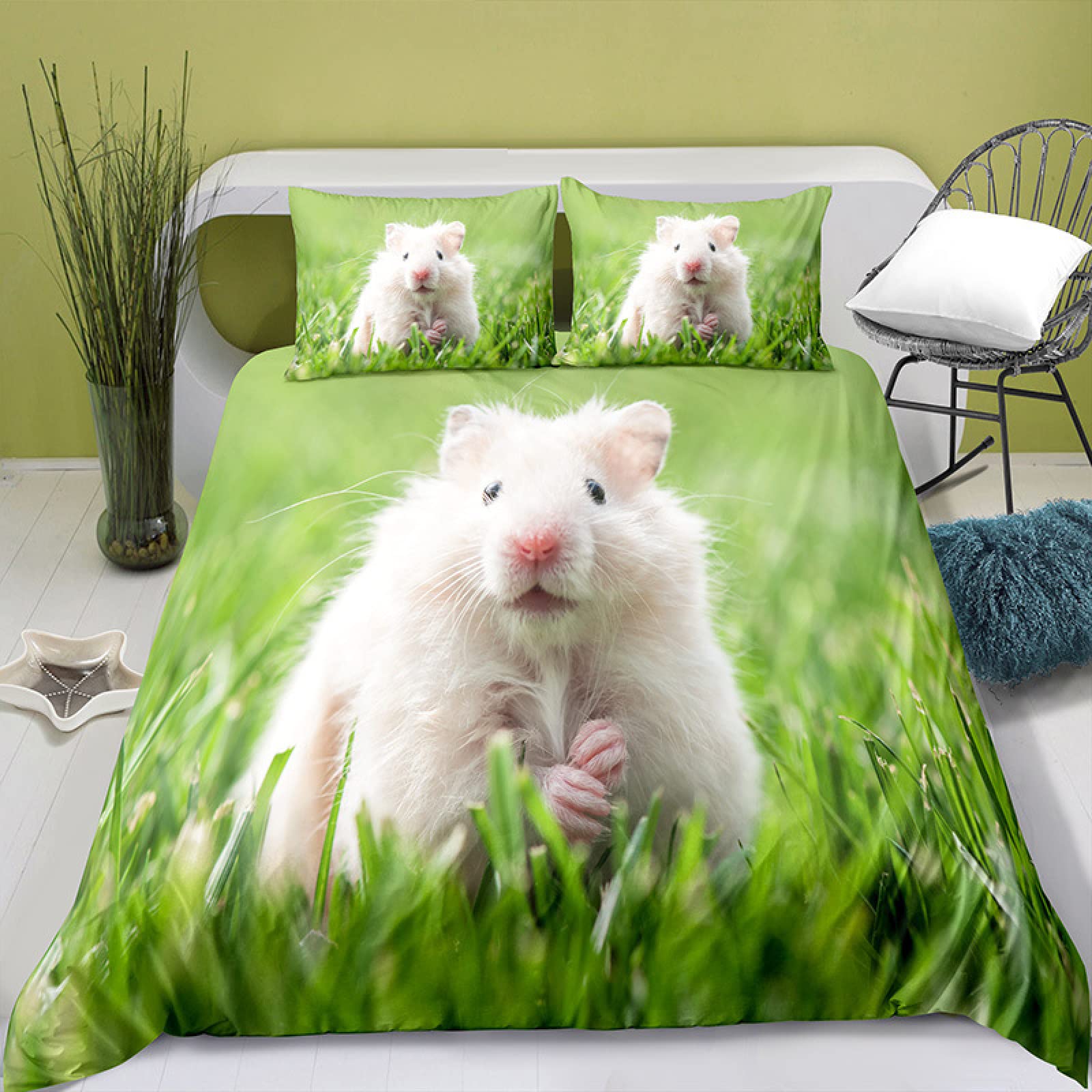 Green Golden Bear Twin Comforter Set - 110g/㎡ Microfiber Duvet Cover with Zipper & 1 Pillowcase (20