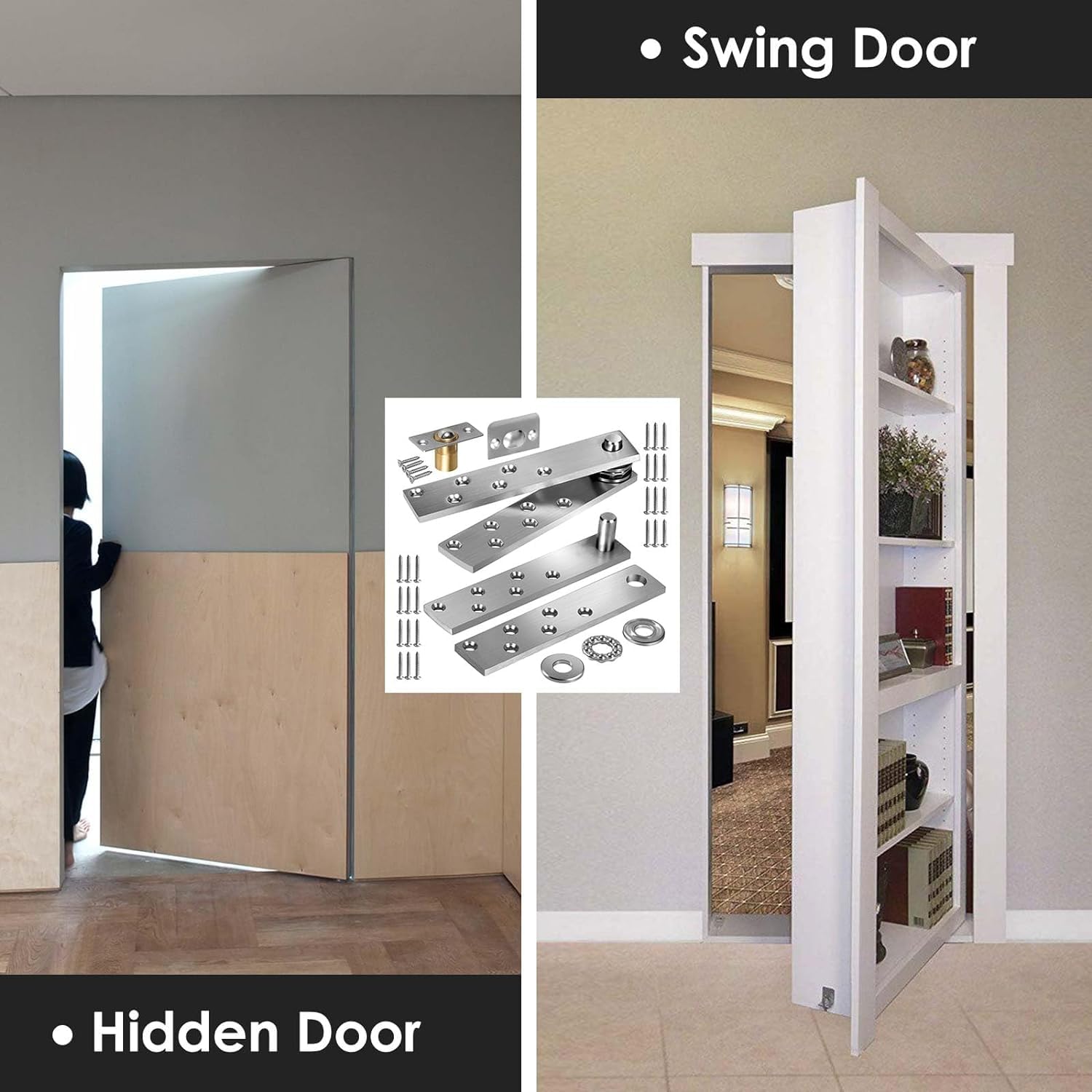 Heavy Duty Stainless Steel Hidden Door Hinge - 360 Degree Rotation Pivot Hinges for Wood Doors, Cabinet & Secret Bookcase (Max 300 lb) - Perfect for Hidden Rooms, Bookshelf Doors & Custom Furniture (2Pcs)