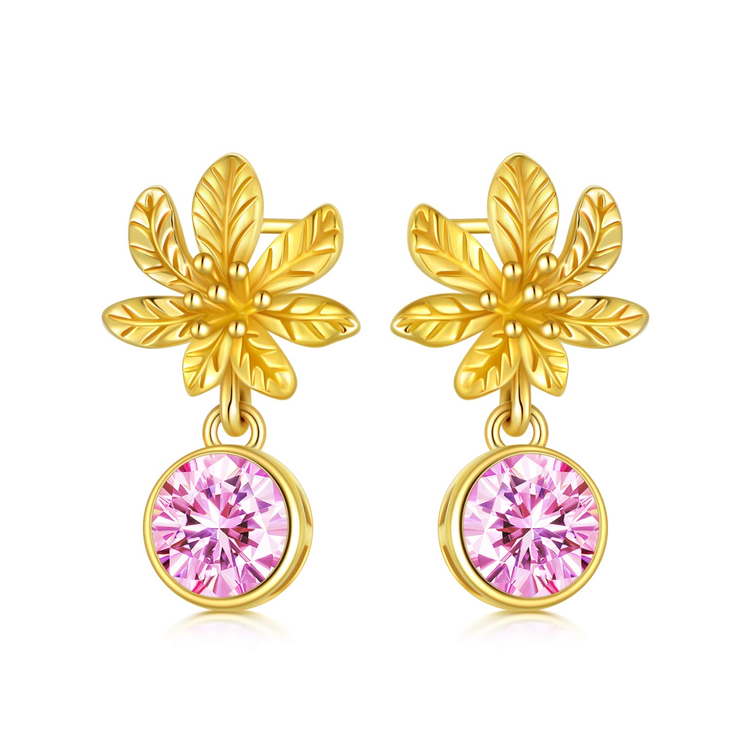 14K Solid Gold Flower Earrings with 5A Pink Purple Cubic Zirconia - Elegant Dangle & Stud Earrings for Women | Perfect for Weddings, Parties & Everyday Wear