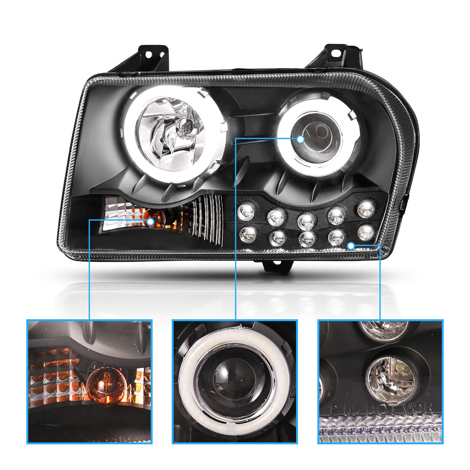 2005-2010 Chrysler 300 Black Replacement Headlight Assembly - Halogen Projector with Super Bright LED Halo & Bulbs (Pair) - Passenger & Driver Side - Improved Night Visibility & Style Upgrade for Daily Driving