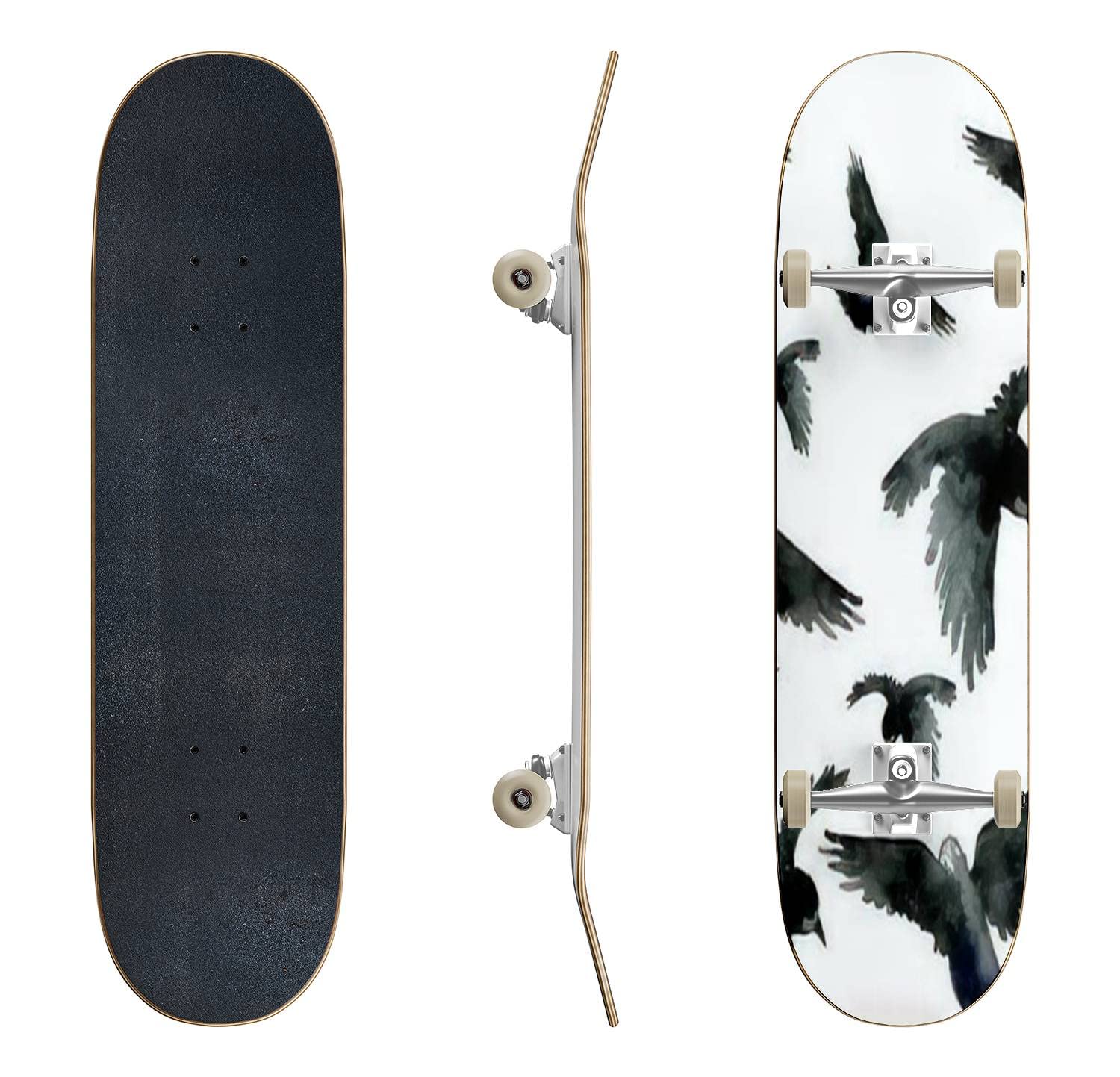 Hand Painted Watercolor Ravens Classic Concave Skateboard - Durable Longboard for Beginners & Pros | Cool Teen Gifts for Extreme Sports & Street Skating