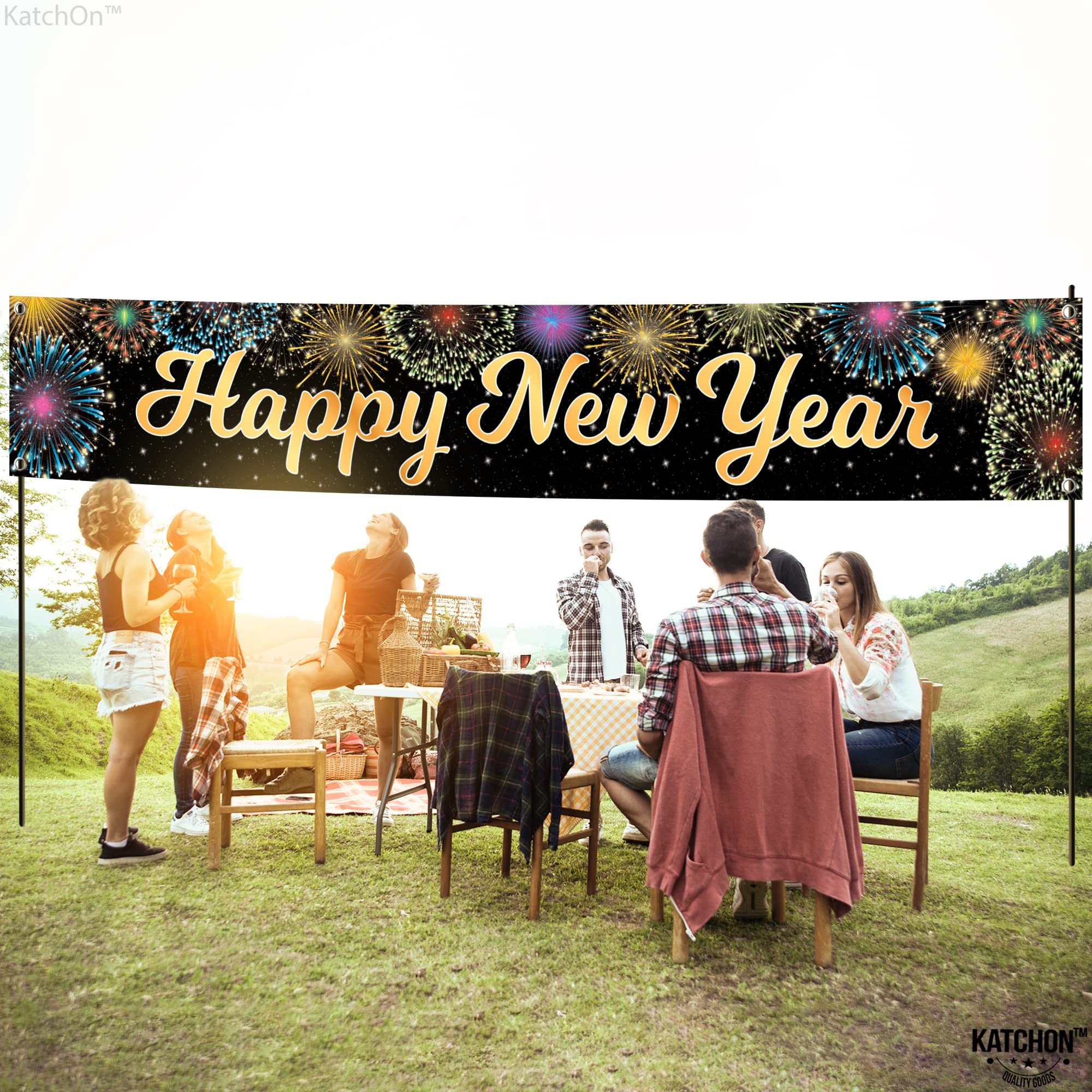 KatchOn 2025 Happy New Year Banner - 120x20 Inch Large Yard Sign for Outdoor & Indoor NYE Party Decorations | New Year's Eve Party Supplies 2025 | Durable Holiday Decoration for Home, Lawn, Office & Festive Celebrations