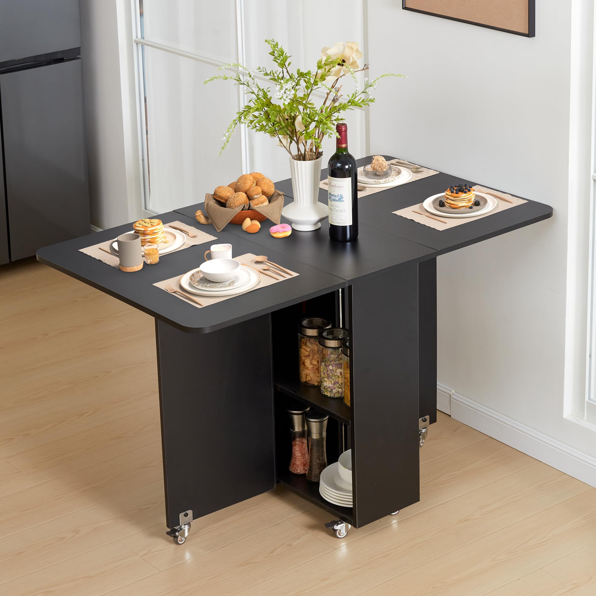 Space Saving Drop Leaf Folding Dining Table with Lockable Wheels & Storage Drawer - Extendable Kitchen Table for Small Apartments, Breakfast Nook, Studio Living & RV Homes