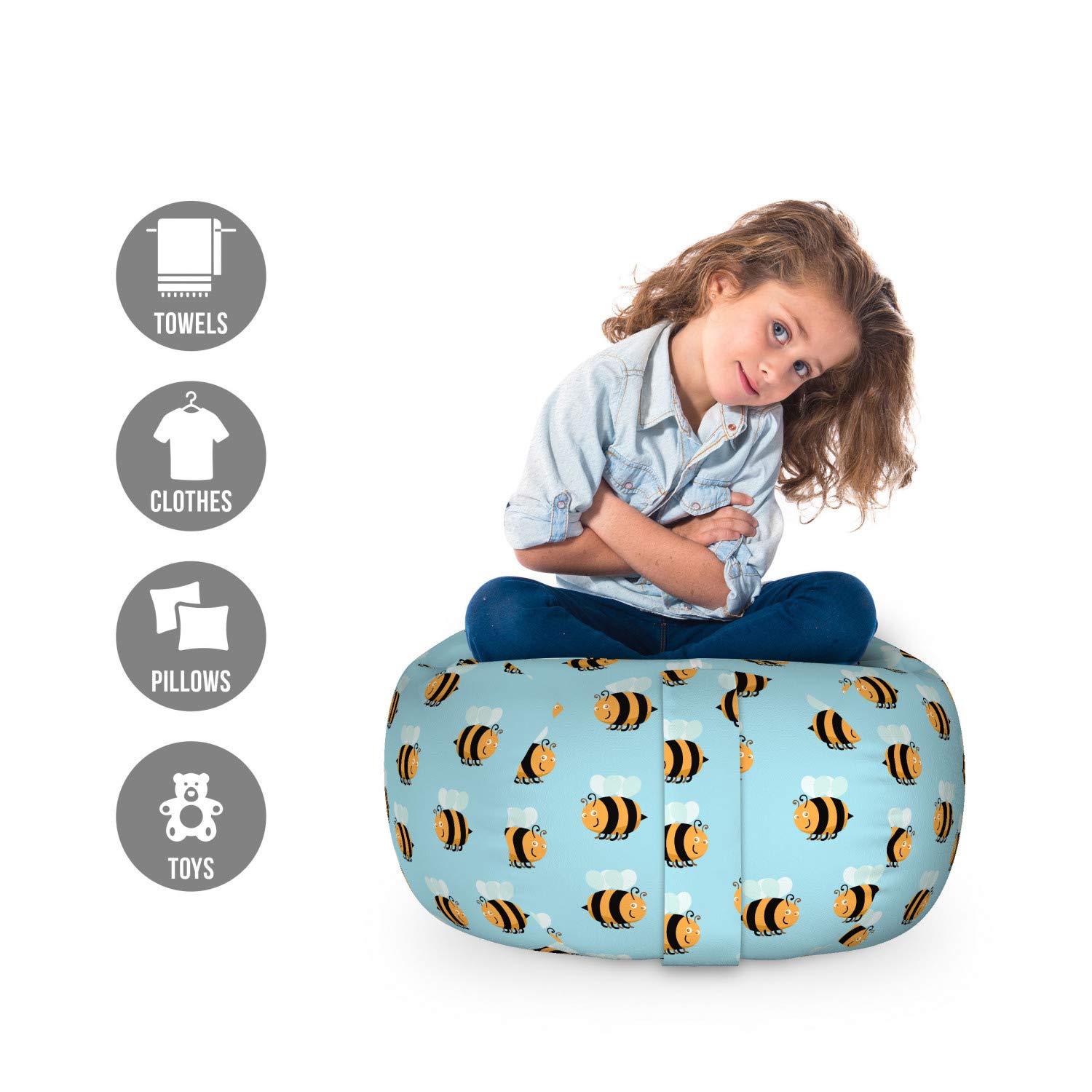 Ambesonne Queen Bee Toy Storage Bag Chair - Striped Winged Character with Smiling Face, Washable Stuffed Animal Organizer, Small Size Apricot Grey - Perfect for Kids' Room Organization & Playroom Decor