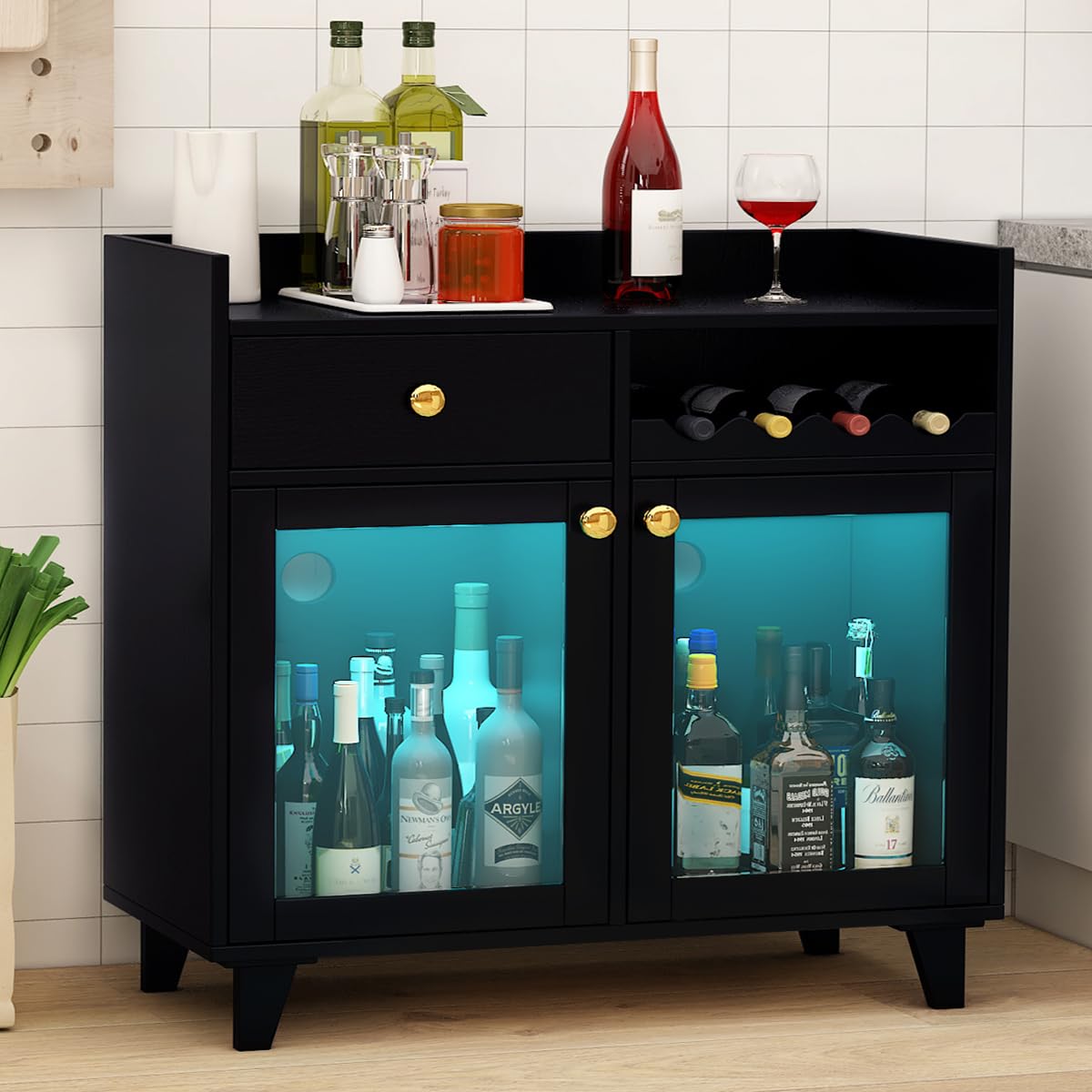 Modern Black Wine Cabinet with Glass Doors & LED Lights - COCO DESIGN Small Liquor Bar Cabinet for Alcohol Storage, Farmhouse Buffet Sideboard for Kitchen, Dining Room or Living Room - Perfect for Wine Display, Coffee Bar & Home Decor