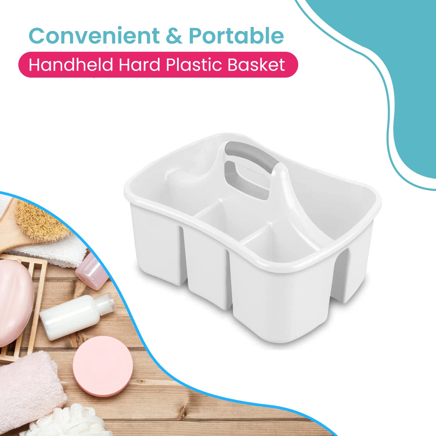 LavoHome White Bath Caddy Organizer with Divided Compartments & Handles - Large Cleaning Tote for Storing Bathroom Accessories, Cleaning Supplies | Perfect for Shower Organization, Spa Days & Household Cleaning Tasks