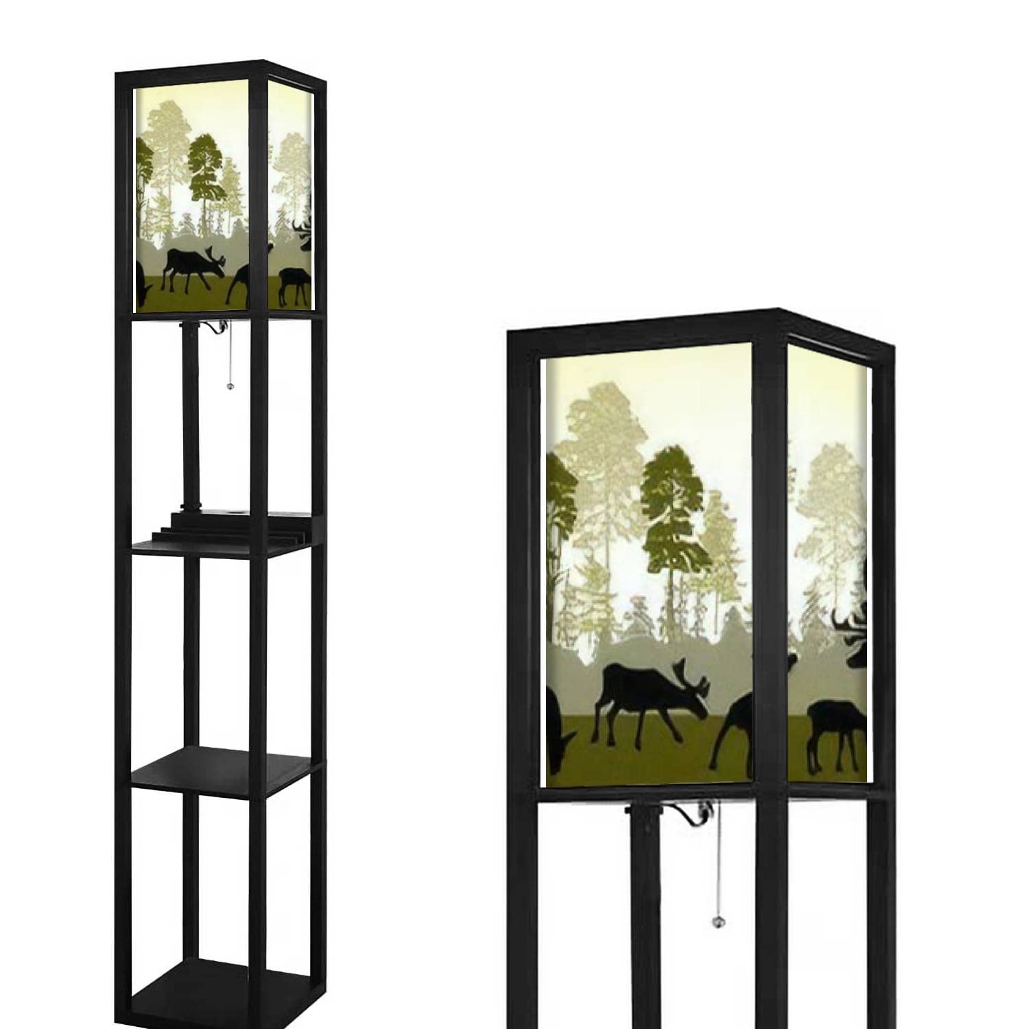 Modern Floor Lamp with Shelves, USB Ports & Power Outlet - Green Forest Deer Design with Linen Fabric Shade - Tall Corner Standing Lamp for Living Room & Bedroom - Perfect for Reading Nook, Home Office, or Cozy Nightstand Lighting
