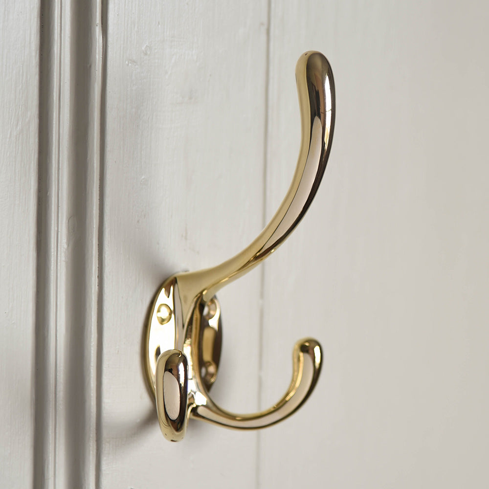 Polished Brass Triple Hat & Coat Hook - Heavy Duty Large Wall Mounted Hooks for Entryway, Bathroom & Bedroom Organization