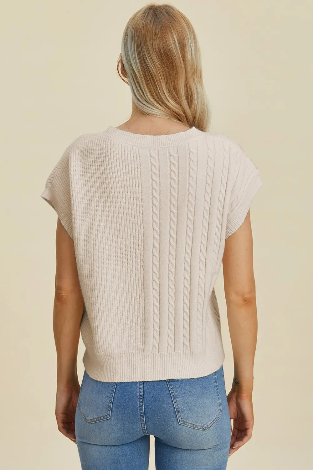 Double Take Full Size Cable Knit Round Neck Short Sleeve Sweater for Women - Cozy Casual Pullover Top for Fall & Winter - Perfect for Office, Date Night and Weekend Outings