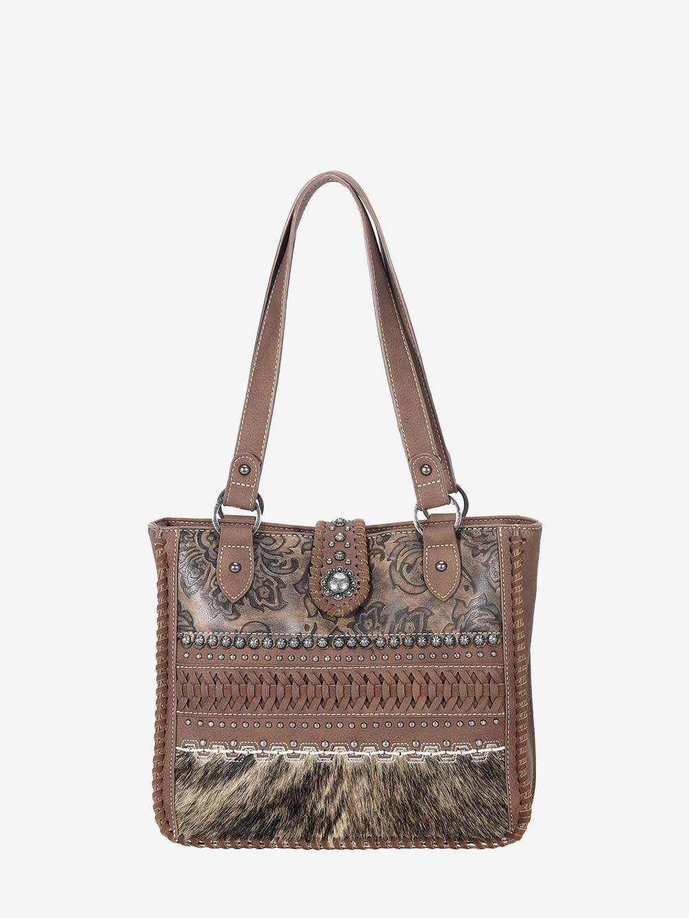 Trinity Ranch Hair On Cowhide Embossed Floral Concho Tote Bag - Western Style Leather Purse for Women | Perfect for Rodeo, Country Concerts & Boho Fashion