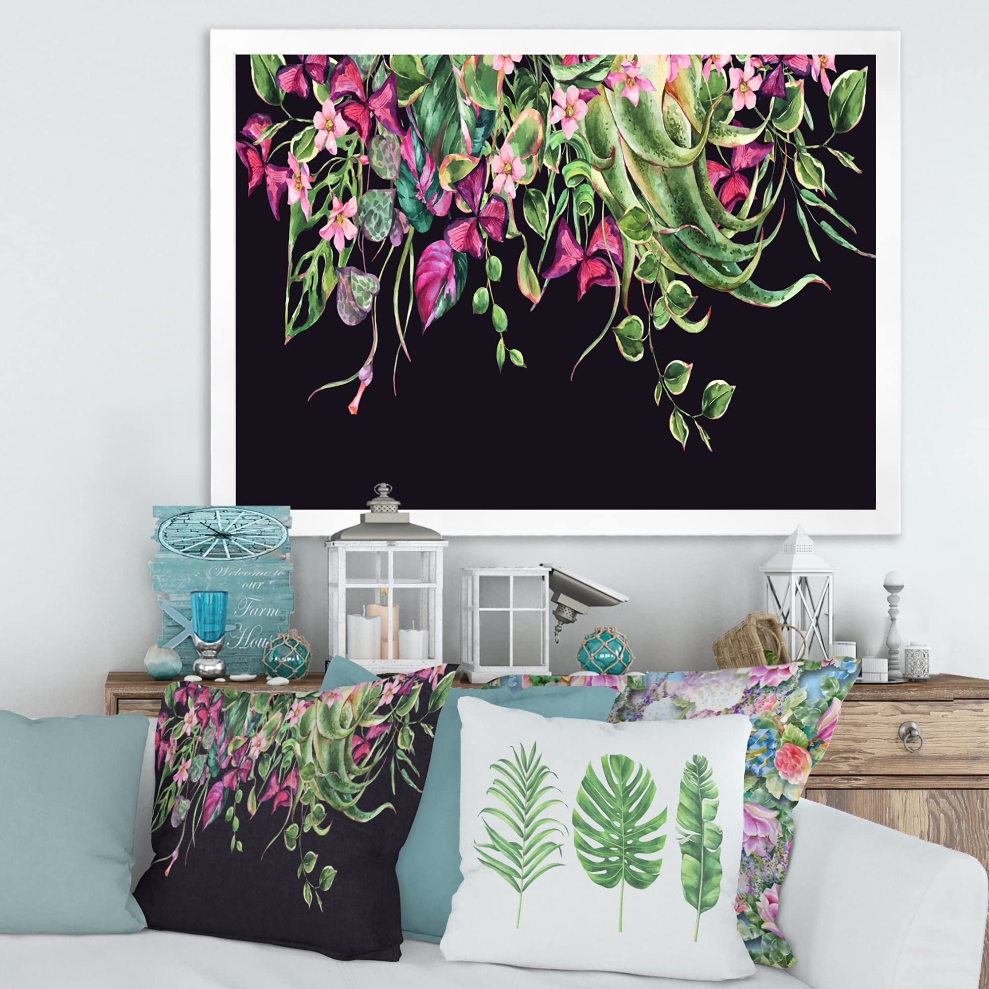 DesignQ Floral Tropical Leaves Om Black Farmhouse Framed Wall Art - Modern Botanical Decor for Living Room, Bedroom & Office