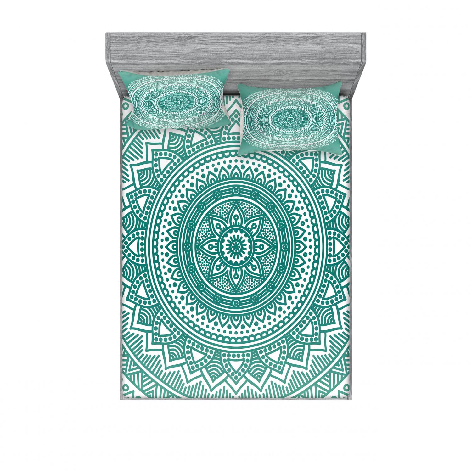 Ambesonne 6-Piece Boho Mandala Floral Printed Bedding Set - Full Size Teal Ombre Fitted Sheet & Pillow Shams with Decorative Dots, Stripes and Petal Patterns | Perfect for Bohemian Bedroom Decor, Guest Room Styling and Cozy Home Makeovers