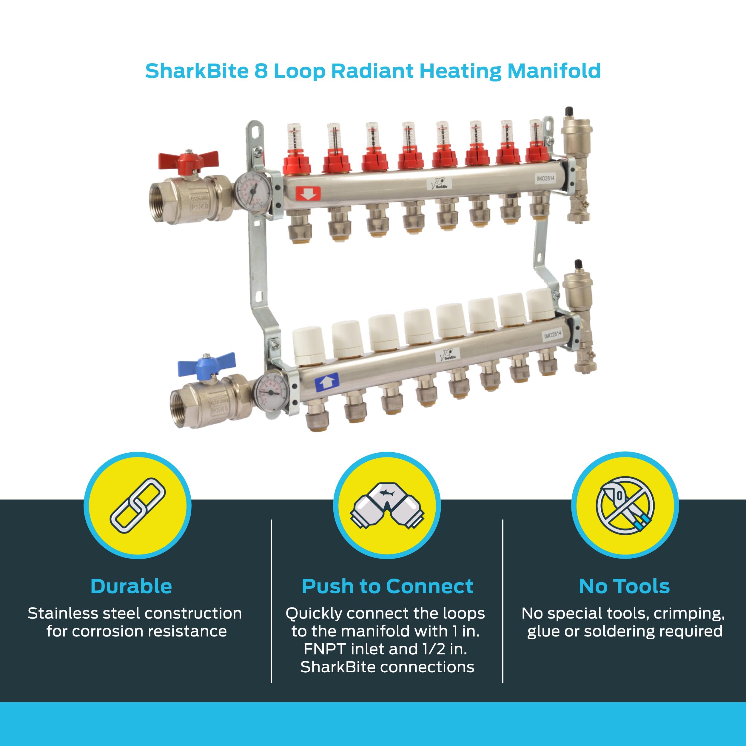 SharkBite 8 Loop Radiant Heating Manifold - Push to Connect Brass Plumbing Fitting for PEX Pipe & PE-RT (Model 24935) - Perfect for Hydronic Heating Systems & Underfloor Heating Installations