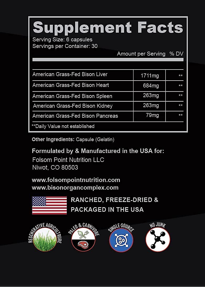 100% Grass-Fed Bison Liver, Heart & Organ Complex Supplement | Desiccated Bison Organ Pills | Freeze-Dried, All-American Sourced | Supports Energy, Immunity & Nutrient Absorption | Perfect for Paleo, Keto & Carnivore Diets