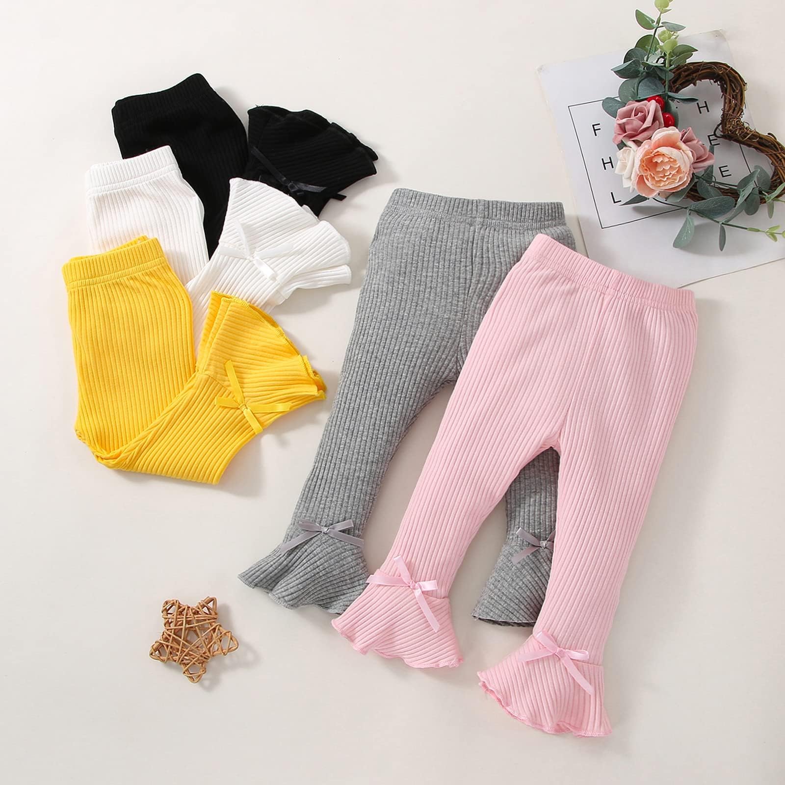**Stretchy Flare Pants for Toddler & Baby Girls - Soft Fleece Leggings with Ruffles (5-Pack) - Perfect for Playtime, Daycare & Winter Outfits**