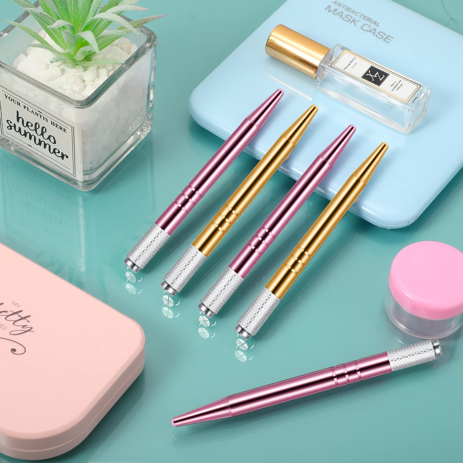 10-Piece Microblading Pen Set - Manual Eyebrow Microblade Tools with Aluminum Handle for Professional Salon & Home Use - Includes 2 Colors (Pink, Gold) - Perfect for Eyebrow Shaping, Tattooing & Permanent Makeup Application