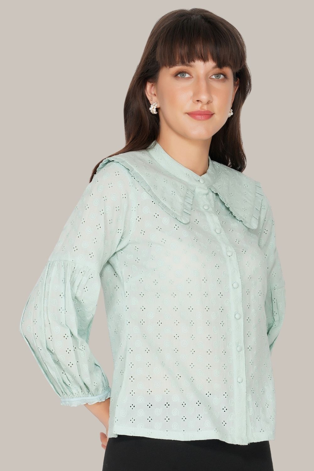 Pastel Green Jerri Cotton Embroidered Shirt for Women - Casual Boho Blouse for Spring & Summer Outfits, Beach Vacations, and Date Nights