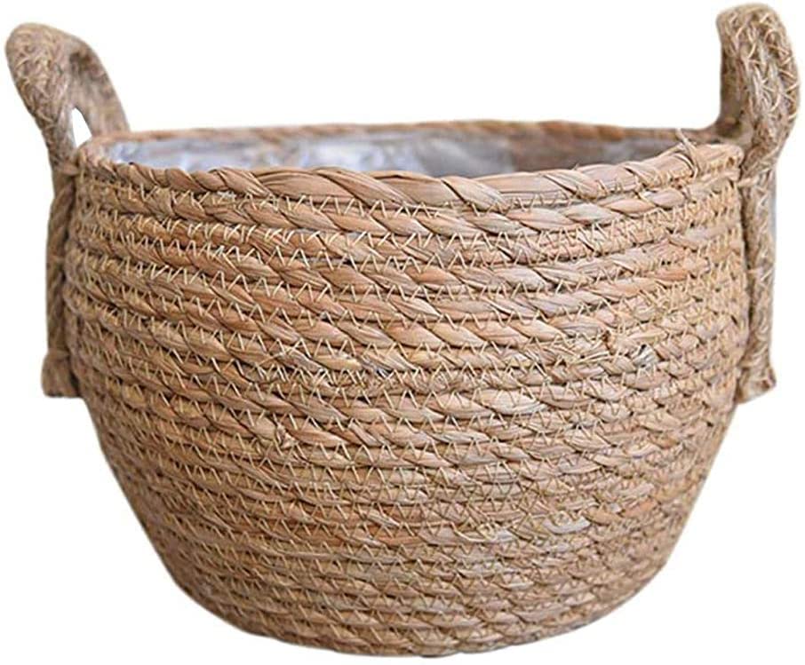 Handwoven Seagrass Rattan Plant Basket with Handles - Indoor Flower Pot Holder, Decorative Storage Basket for Home, Office, and Garden Decor