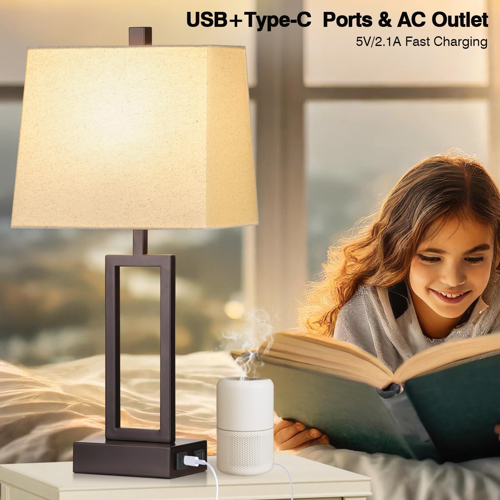 Modern Touch Control Table Lamps Set of 2 - Brown USB A+C Charging Bedside Lamps with AC Outlet & 3-Way Dimmable LED Lighting - Perfect for Bedroom Nightstands & Living Room End Tables (LED Bulbs Included) | Ideal for Reading, Working & Creating Cozy Ambiance