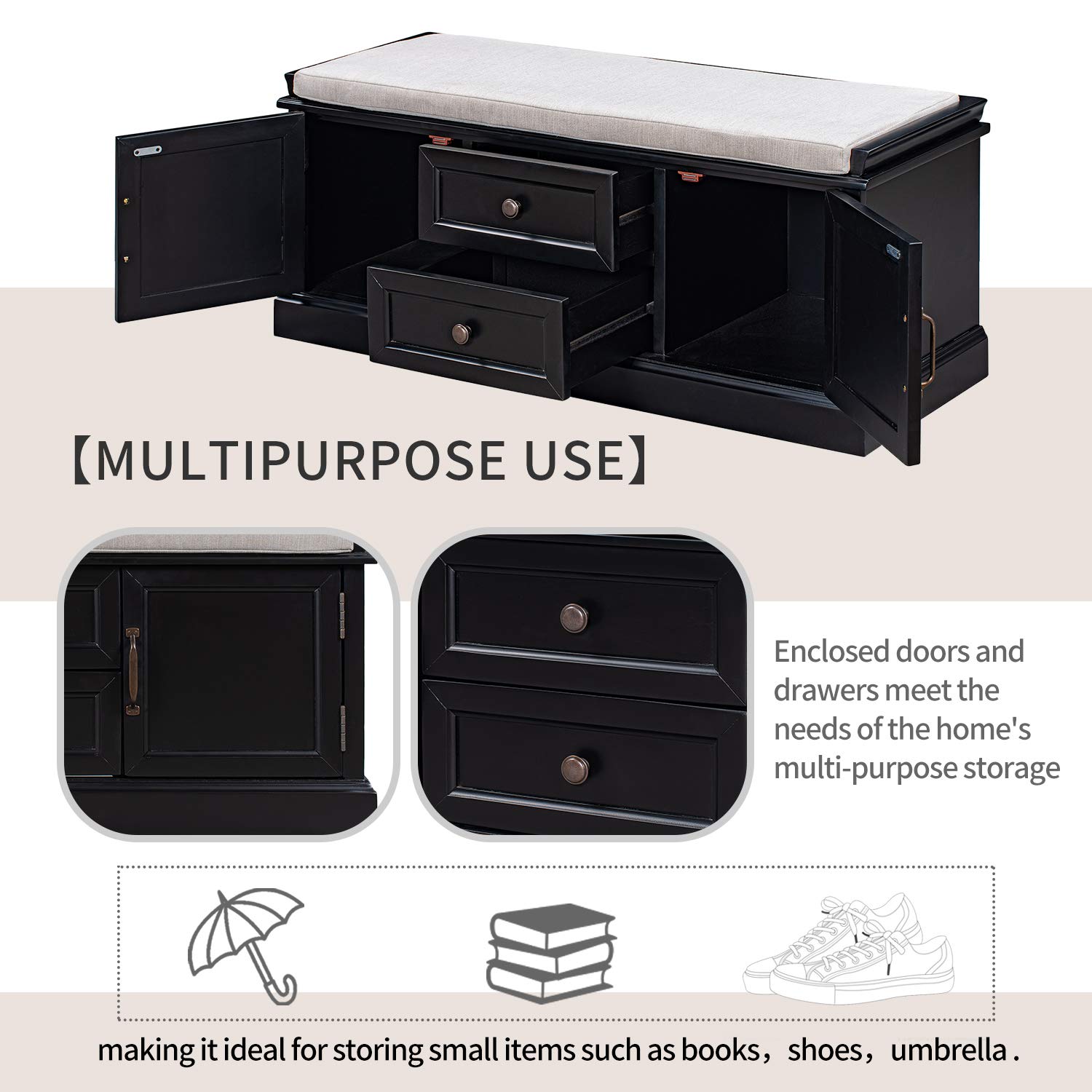 Solid Wood Entryway Bench with Storage - 2 Drawers & 2 Cabinets, Removable Cushion - No Assembly Required - Perfect for Hallway, Living Room, Bedroom - Black (Set of 2) - Ideal for Small Space Organization & Entryway Seating