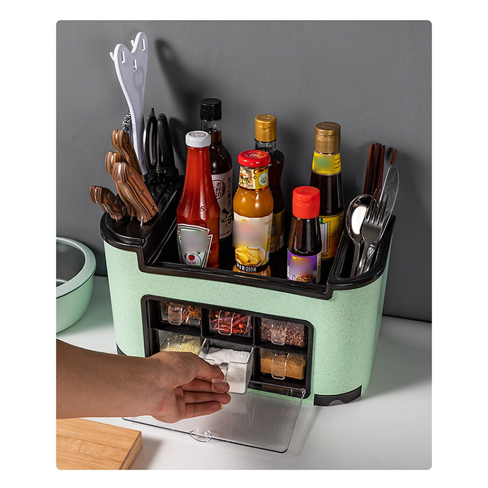 ACD Multi-Function Spice Box Rack - 12 Bottle Seasoning Organizer with Brush Jar & Spoon Holder - Kitchen Storage Solution for Spices, Knives & Utensils - Perfect for Countertop Organization & Cooking Essentials