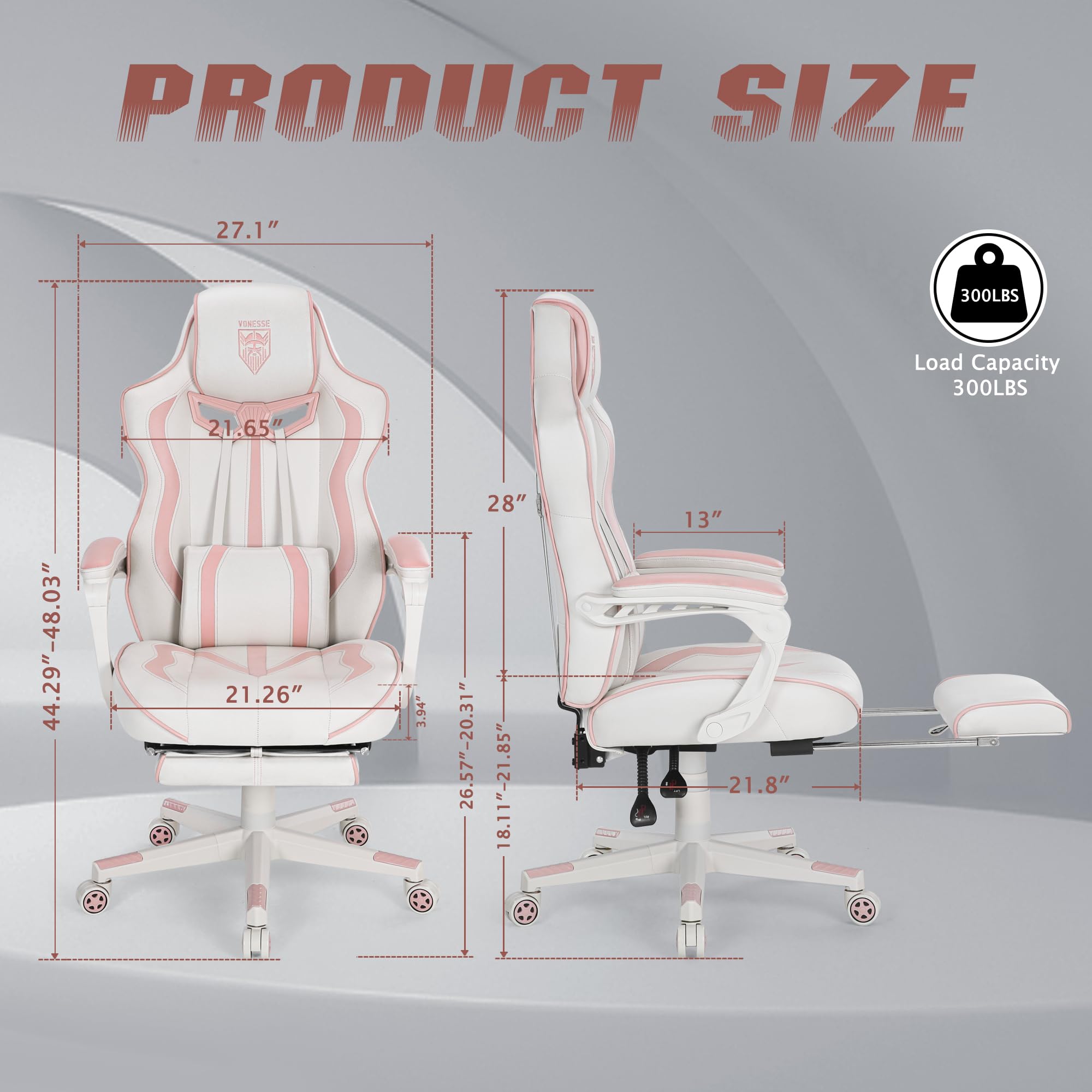 Vonesse Pink Gaming Chair for Girls & Women - Ergonomic High Back Computer Gaming Chair with Reclining Feature, Footrest & Massage - Perfect for Home Office, Streaming & Esports (White/Pink)