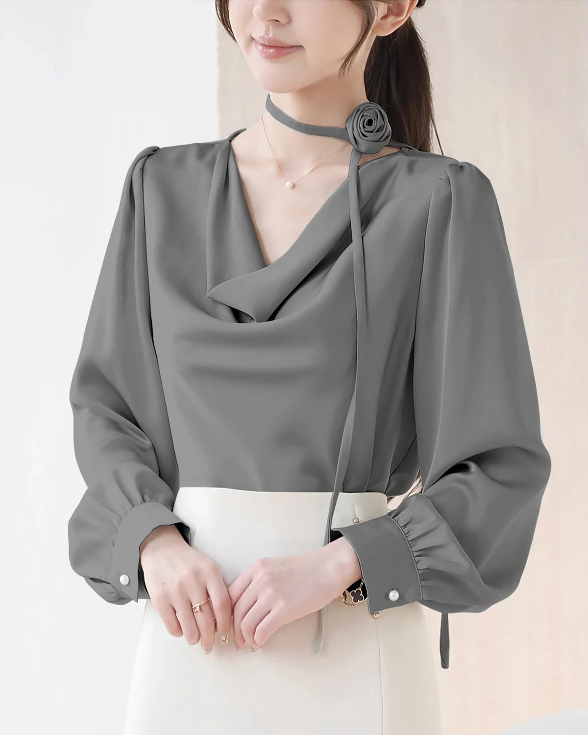 Elegant Draped Collar Silk Blouse for Women - Luxury Satin Shirt for Office, Party & Special Occasions