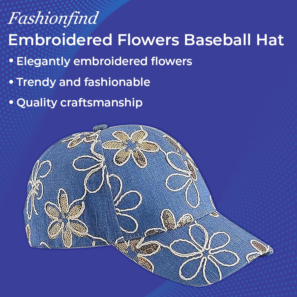 Embroidered Flowers Baseball Cap for Women - Adjustable Denim Hat with Gold Sequin Accents | 100% Cotton Fashion Sun Hat | Perfect for Outdoor Activities, Beach, and Casual Wear