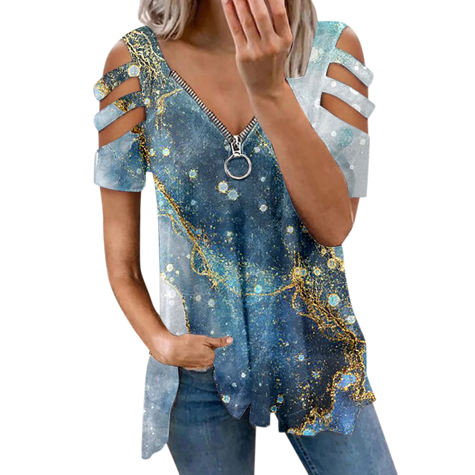 Trendy Women's Elegant V-Neck Zipper Off-Shoulder Short Sleeve Printed T-Shirt - Fashion Loose Blouse for Casual Outings & Date Nights (Light Blue, Size S)