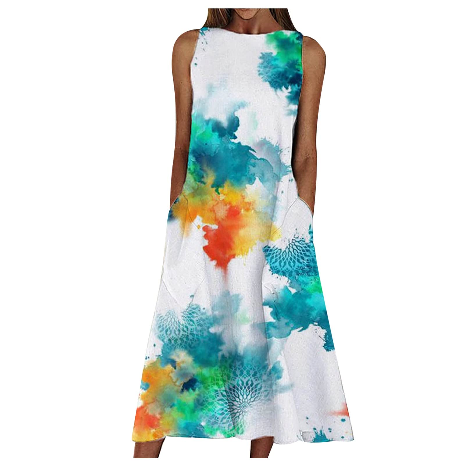 Pastel Printed Women's Summer Dress - Round Neck Sleeveless Pullover Loose Fit Casual Dress for Beach, Vacation & Outdoor Activities