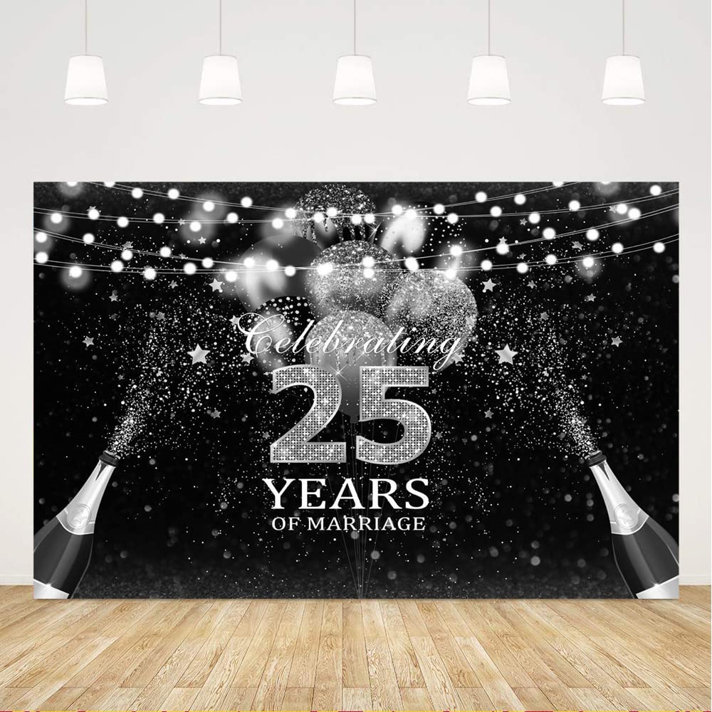 Ticuenicoa 5x3ft Black & Silver Balloon Backdrop for 25th Wedding Anniversary Decor | Happy 25 Years Marriage Banner | Party Supplies for Anniversary & Birthday Celebrations | Perfect for Photo Booths, Reception Decor, and Milestone Events