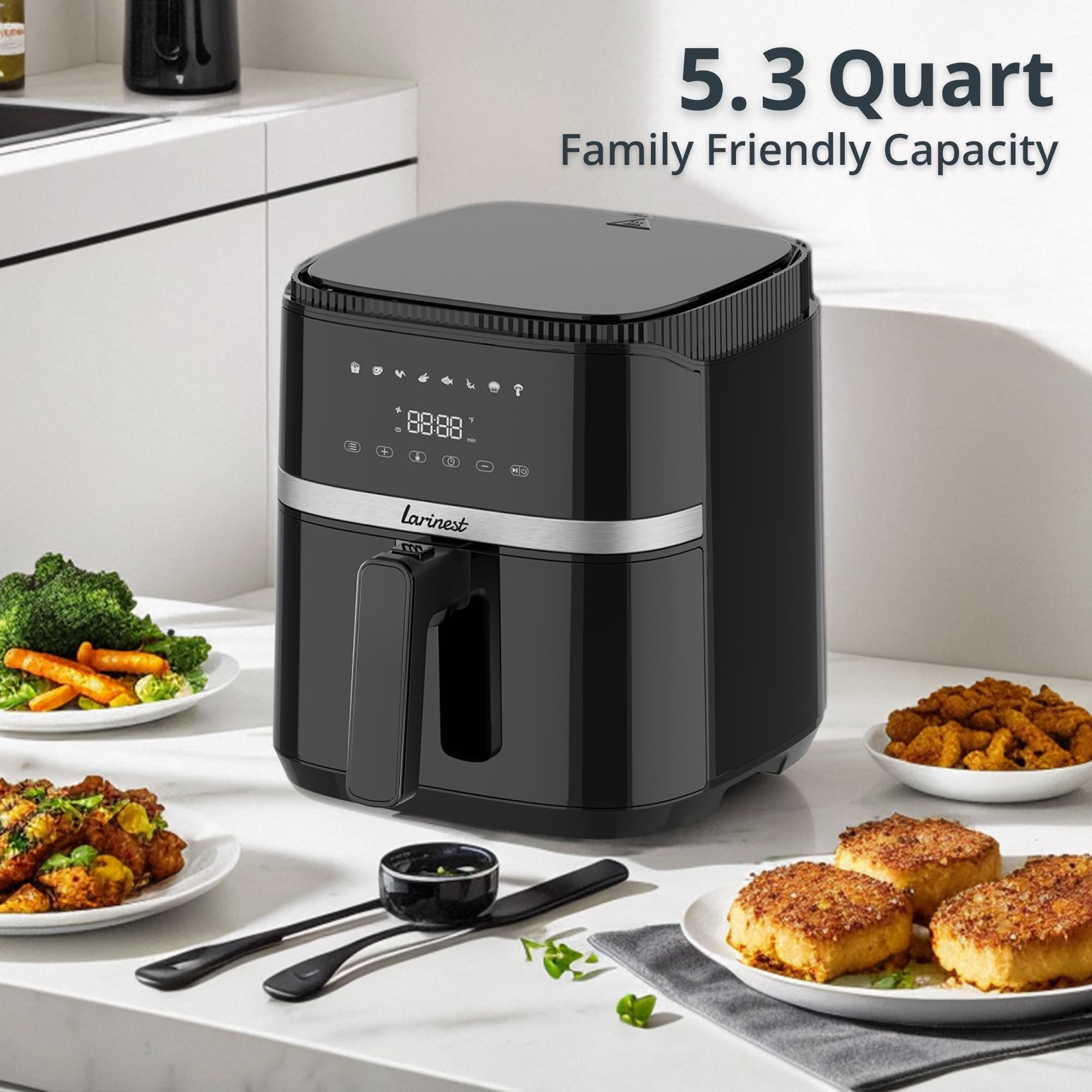 5.3Qt Air Fryer with 8 Cooking Functions - Large Capacity Compact Air Fryer for Quick & Healthy Meals - Digital Touch Screen, Rapid Air Circulation Technology - Dishwasher Safe & Nonstick Basket - Perfect for Family Cooking, Meal Prep & Snacks - Model AF501 in Black