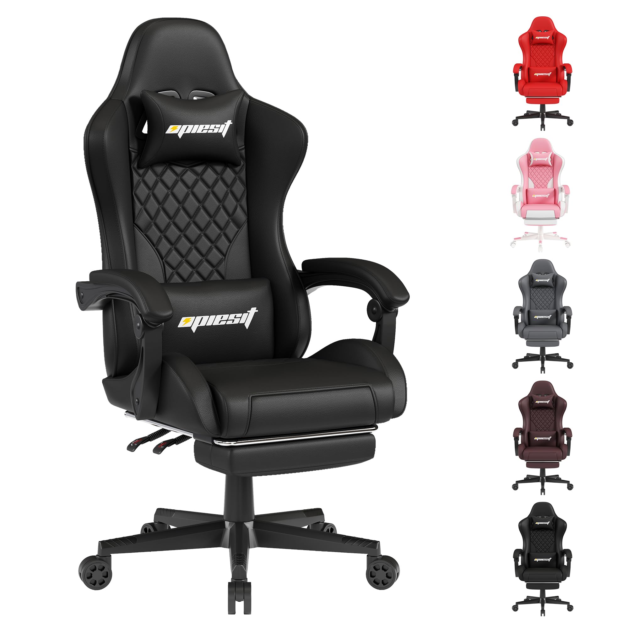 Premium Ergonomic Gaming Chair for Adults with Adjustable Lumbar Support & Footrest - 360° Swivel PU Leather Computer Office Chair - Perfect for Esports, Streaming & Long Work Sessions (Black)