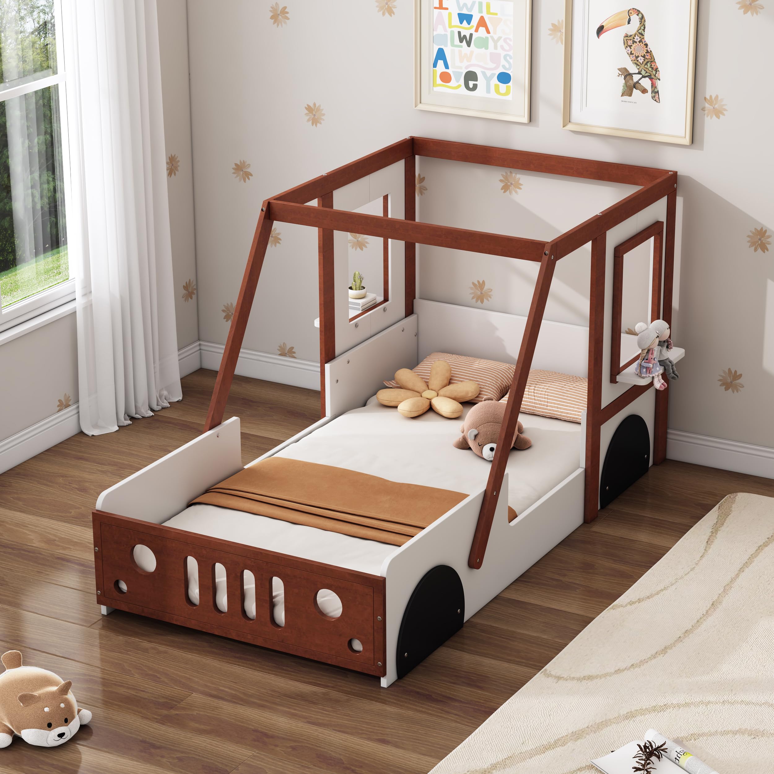 **Harper & Bright Designs Twin Size Wooden Car Bed Frame for Kids - Montessori Floor Bed with Wheels & Door Design - Fun Play Platform Bed for Boys & Girls - Perfect for Child's Bedroom, Playroom, or Montessori Learning Space (White & Orange)**