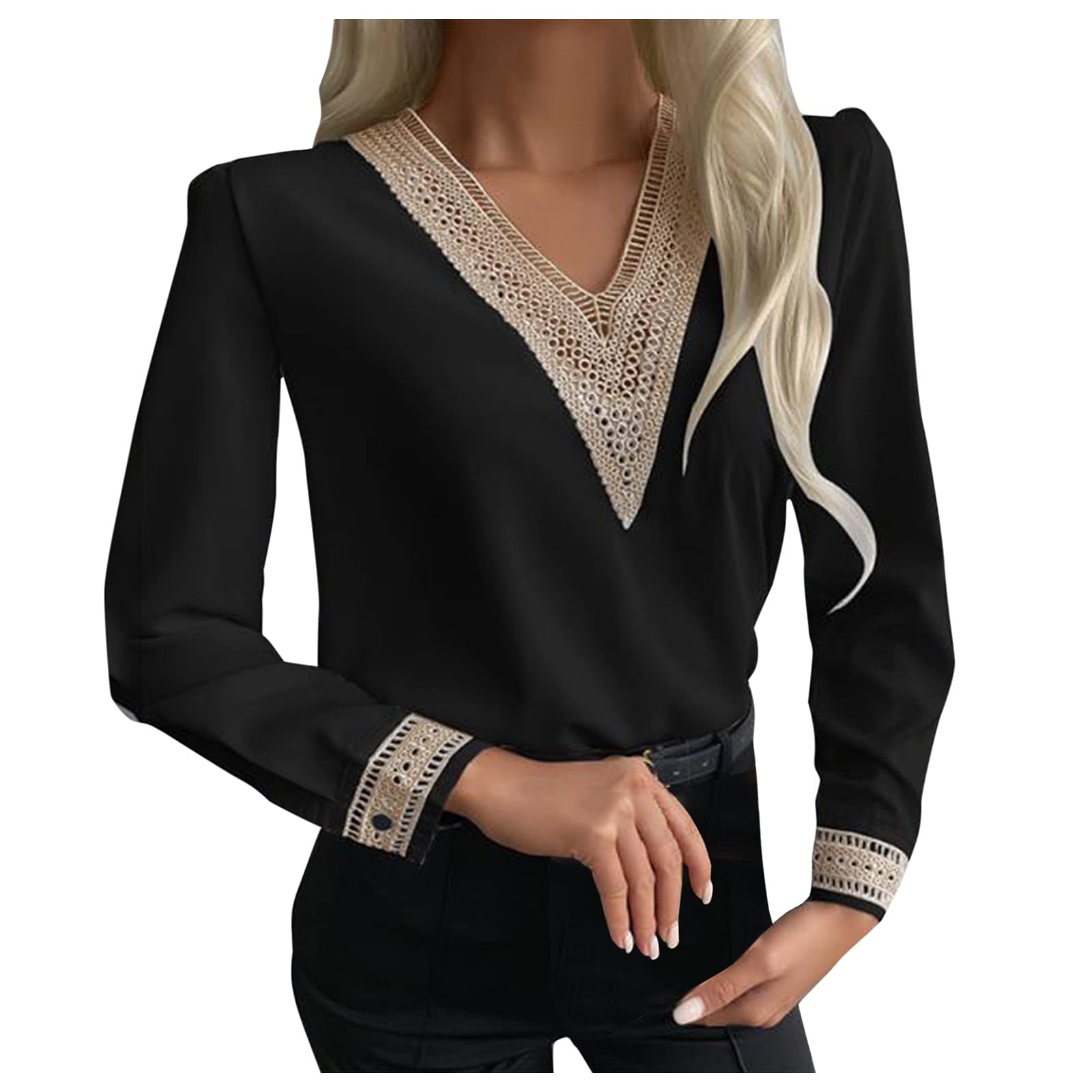 Women's Lace Crochet V-Neck Casual T-Shirt - Puff Long Sleeve Loose Fit Tunic Top for Work & Office | Elegant Blouse for Everyday Wear, Date Nights & Special Occasions