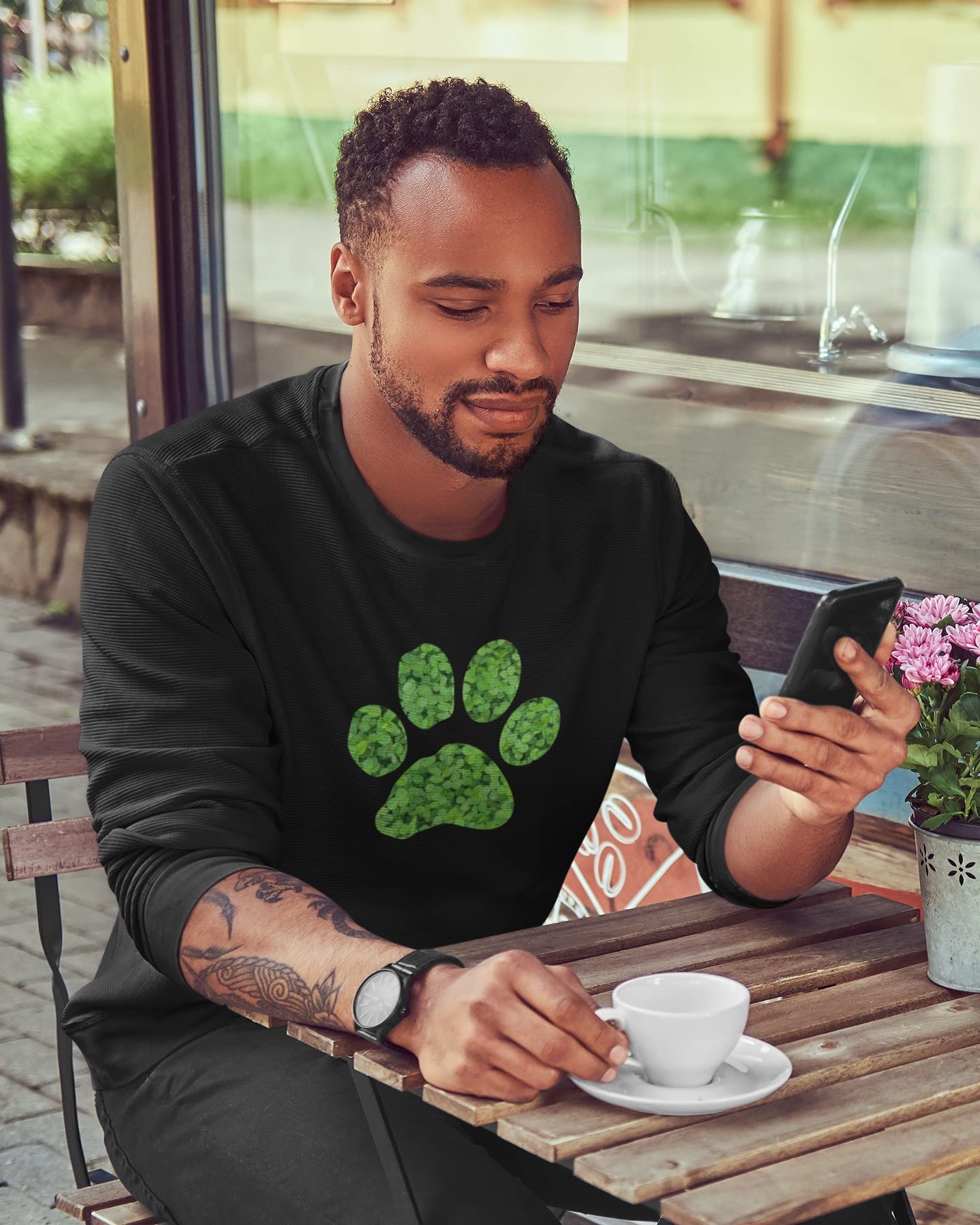 St. Patrick's Day Dog Paw Print Black Long Sleeve T-Shirt for Adults - Perfect for Irish Themed Parties & Pet Lovers