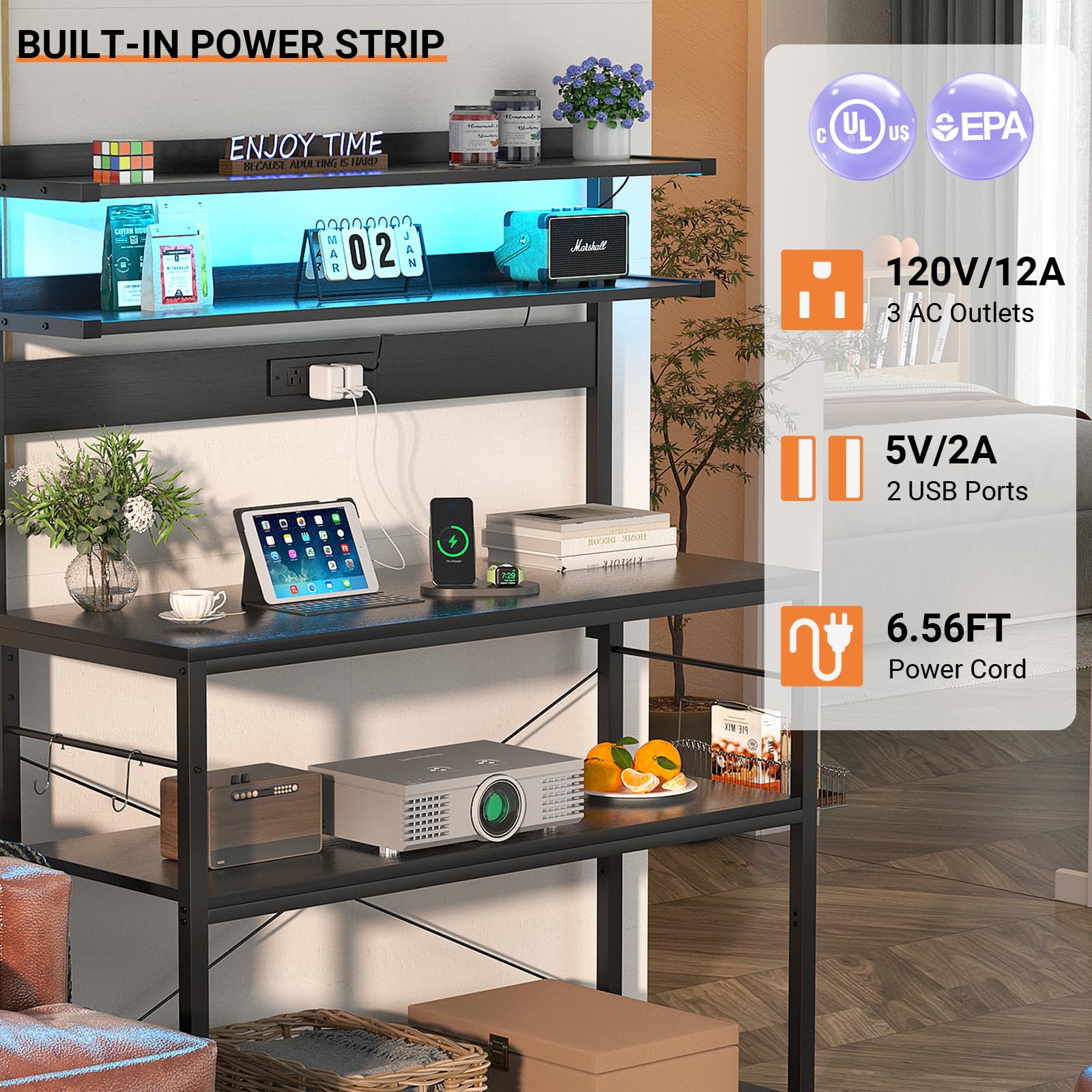 Aheaplus 5-Tier Bakers Rack with Power Outlet & LED Lights - Microwave Stand, Kitchen Storage Shelf with 6 S-Hooks - Perfect Coffee Bar Station for Small Spaces, Kitchen Organization & Home Decor (Black)