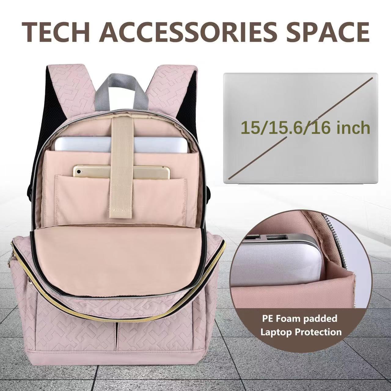 15.6 Inch Laptop Backpack for Women - Stylish Quilted Backpack for Teachers, Nurses & College Students - Durable Casual Daypack for Work, Travel & Office Use - Perfect for Commuting, School & Business Trips