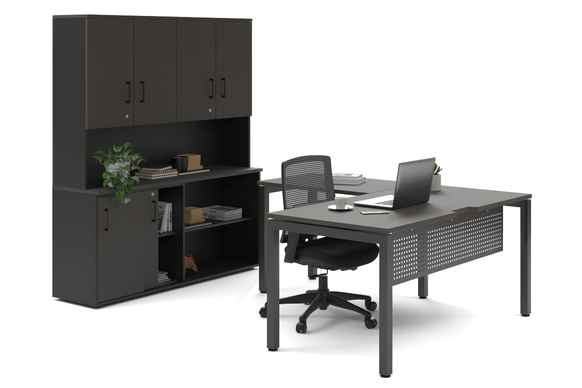 Premium Quadro Square Legs L-Shaped Executive Desk - Black Metal Legs [1600L x 1800W with Cable Management Scallop] for Home Office, Conference Room & Workspace