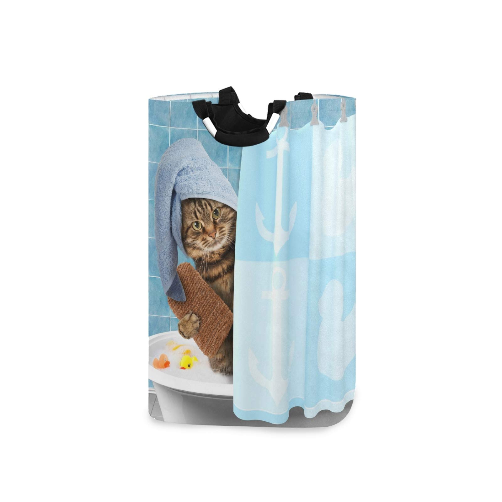 Funny Cat Shower Curtain Laundry Hamper - Foldable Waterproof Dirty Clothes Basket with Handles for Bathroom & Bedroom Storage | Perfect for Toy Organization, Bathroom Decor & Pet Lover Gifts