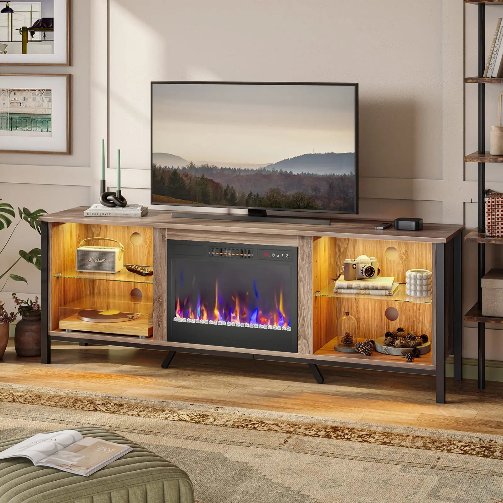 Bestier Modern LED Fireplace TV Stand with Electric Heater - 60 Inch Entertainment Center for Living Room, Bedroom & Home Theater