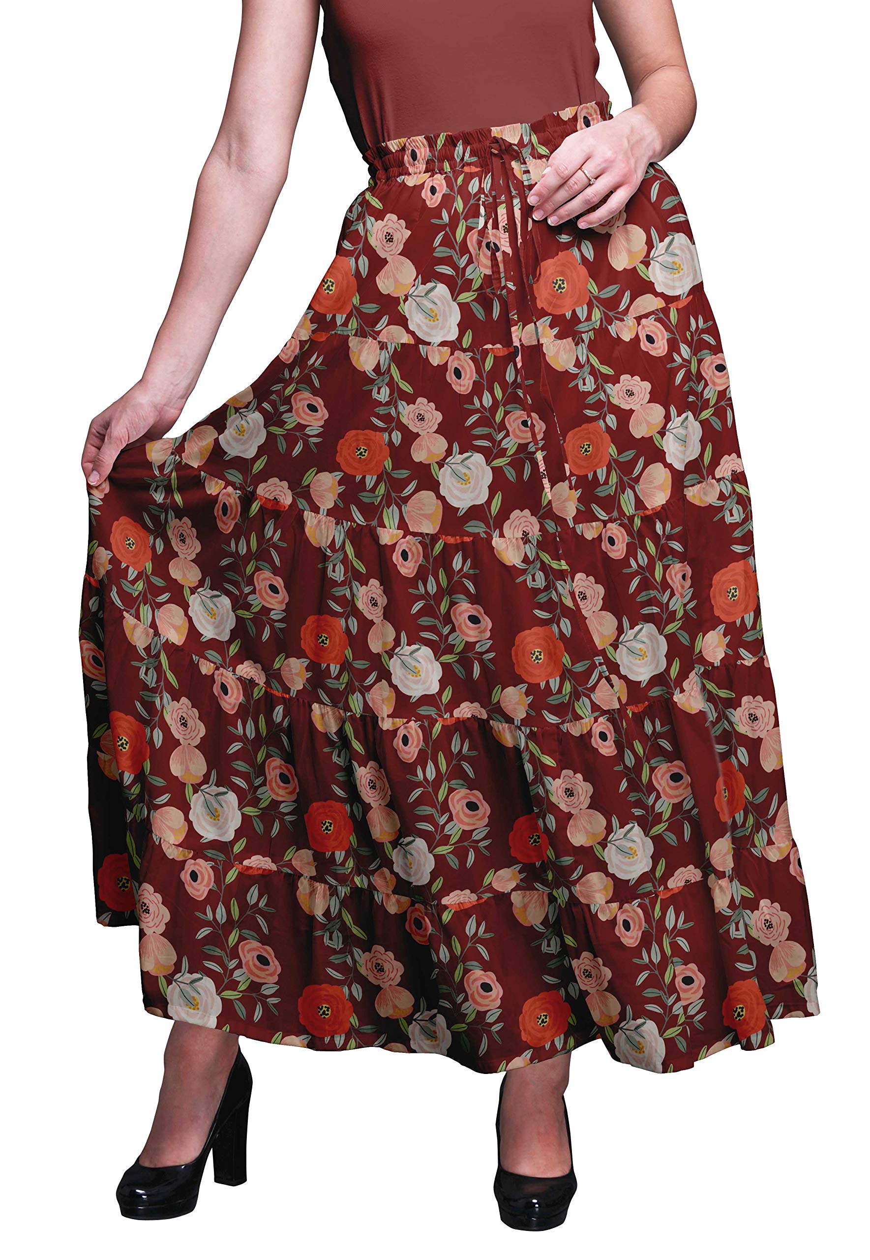 Boho Printed Tiered Maxi Skirt for Women - 5-Layer Cotton Long Skirt - Flowy Summer Beach Skirt for Casual Wear, Vacations & Music Festivals