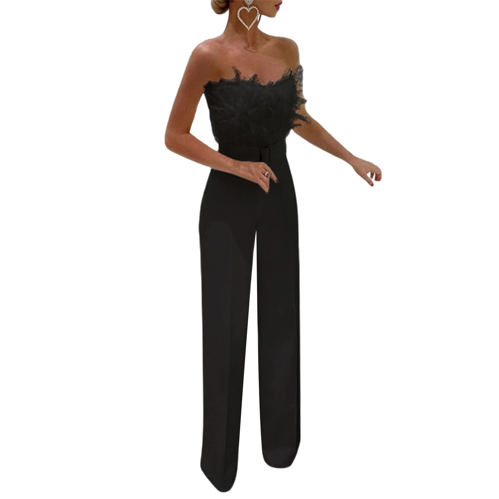 Zempertoopa Women's Off Shoulder Wide Leg Jumpsuit - Feather Trim High Waist Romper with Belt Buckle | Straight Leg Party & Clubwear for Night Out, Date Night, and Special Occasions