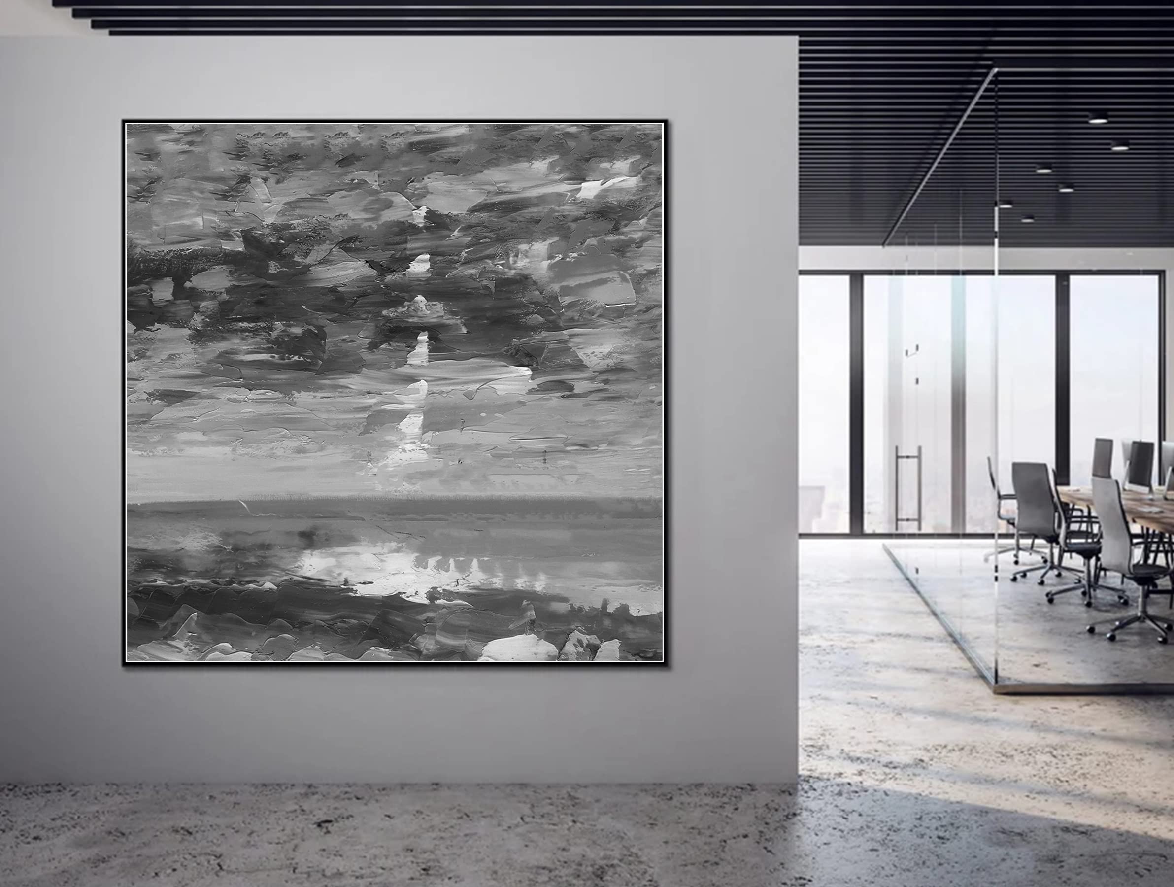 Handmade Black and White Abstract Ocean Oil Painting on Canvas - Modern Large Wall Art for Home & Office Decor - 40x40 Inches - Perfect for Living Room, Bedroom, or Workspace