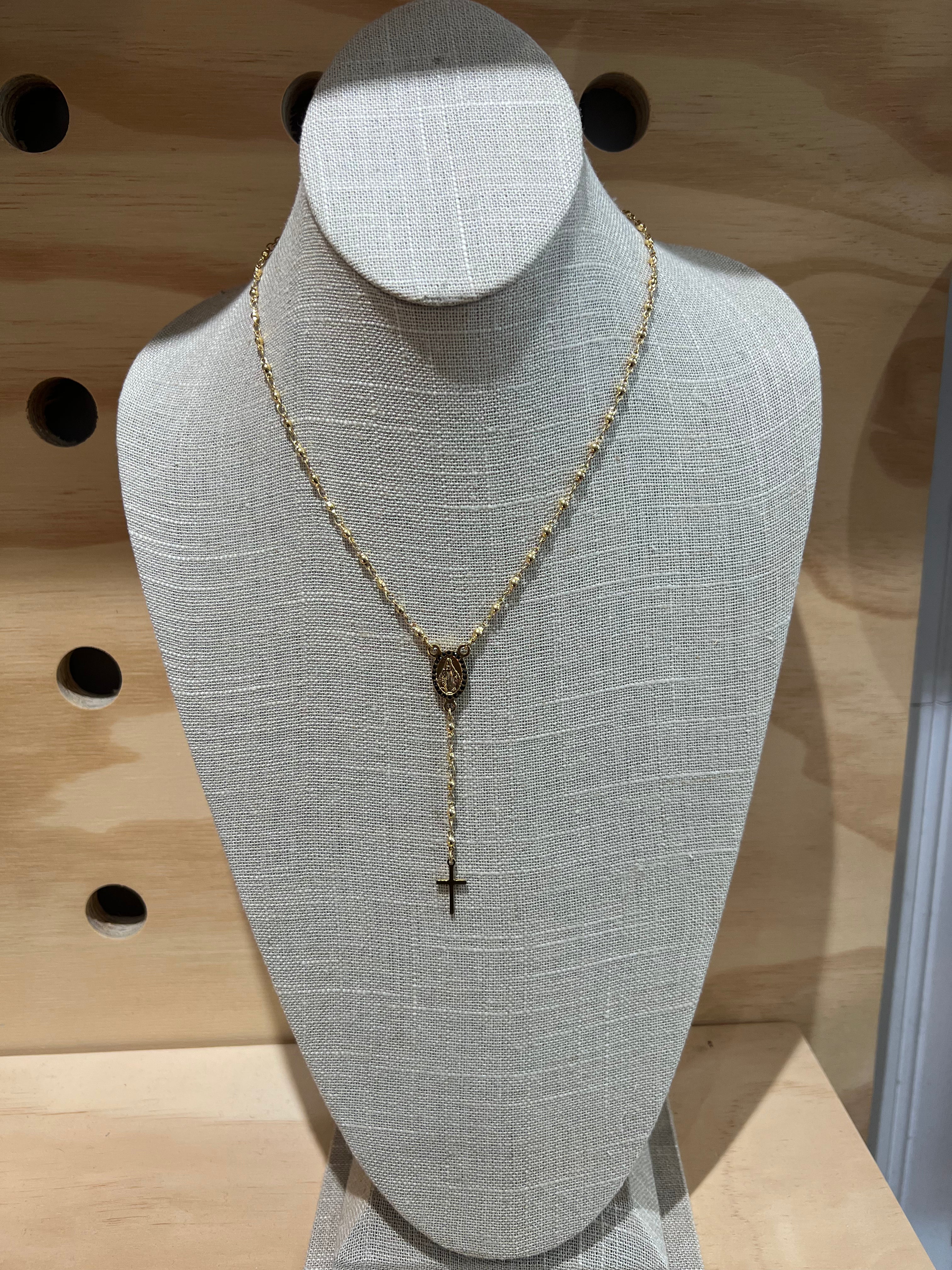 Gold Rosary Cross Necklace for Women - 14K Gold Plated Religious Jewelry - Perfect for Church, Baptism, First Communion & Everyday Wear