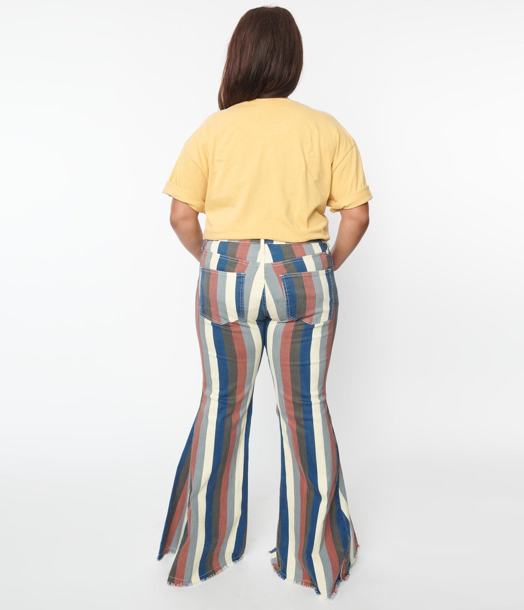 Vintage 1970s Plus Size Blue Multi-Striped Bell Bottom Jeans for Women - Retro High Waisted Flared Denim Pants for Casual Outfits & 70s Theme Parties