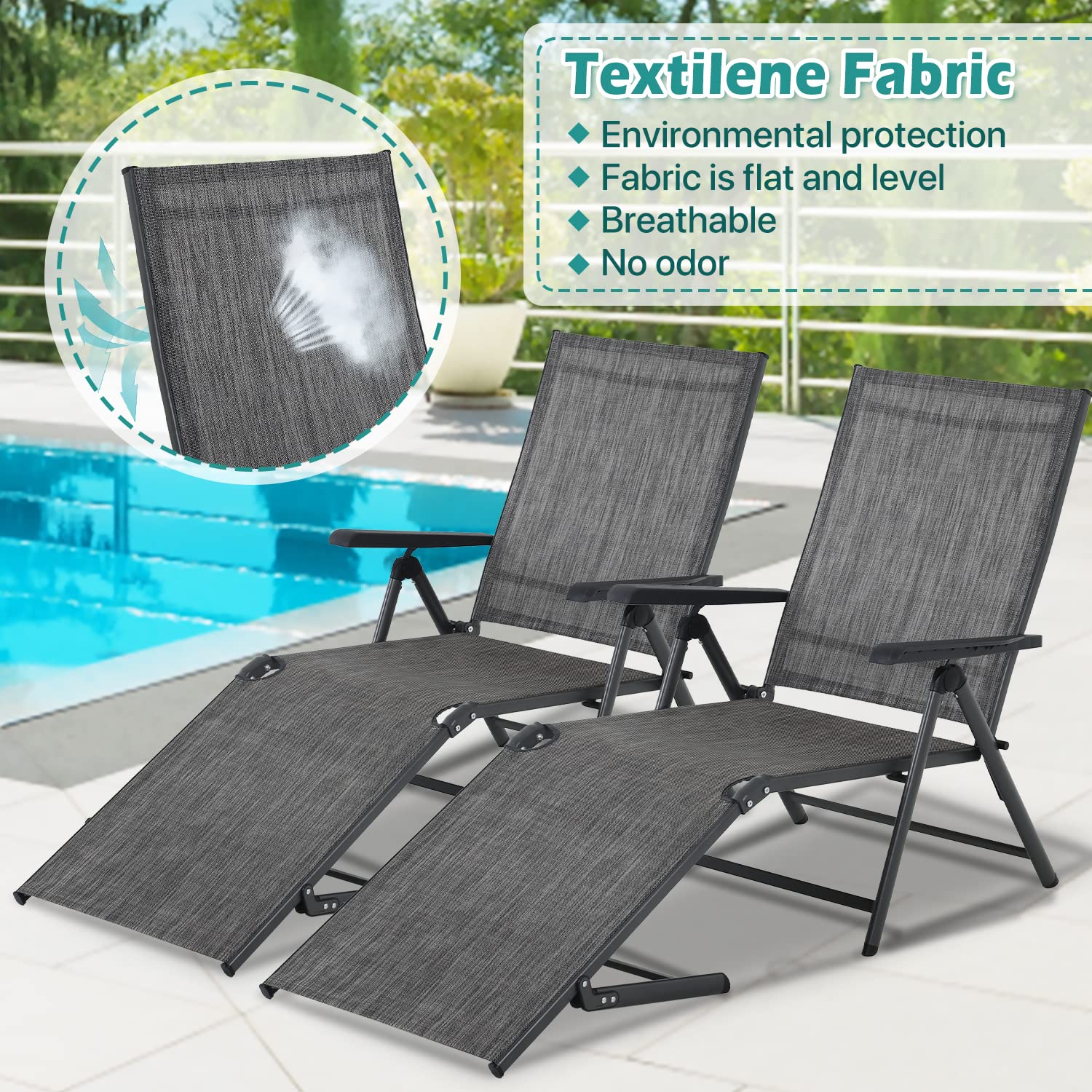 Premium Outdoor Chaise Lounge Chairs Set of 2 - Adjustable Reclining Patio Chairs for Poolside, Beach & Backyard - Water-Resistant Folding Deck Chairs with Cup Holders - Perfect for Sunbathing, Relaxing & Outdoor Lounging